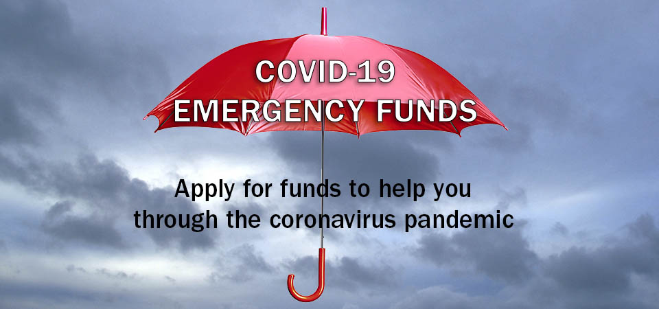 A red umbrella against a rainy sky calling for applications to the COVID-19 Emergency Fund